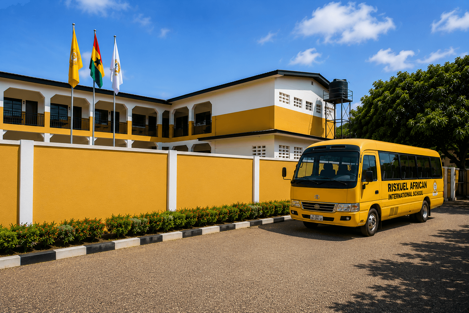 Yellow RAIS school bus parked outside the campus wall