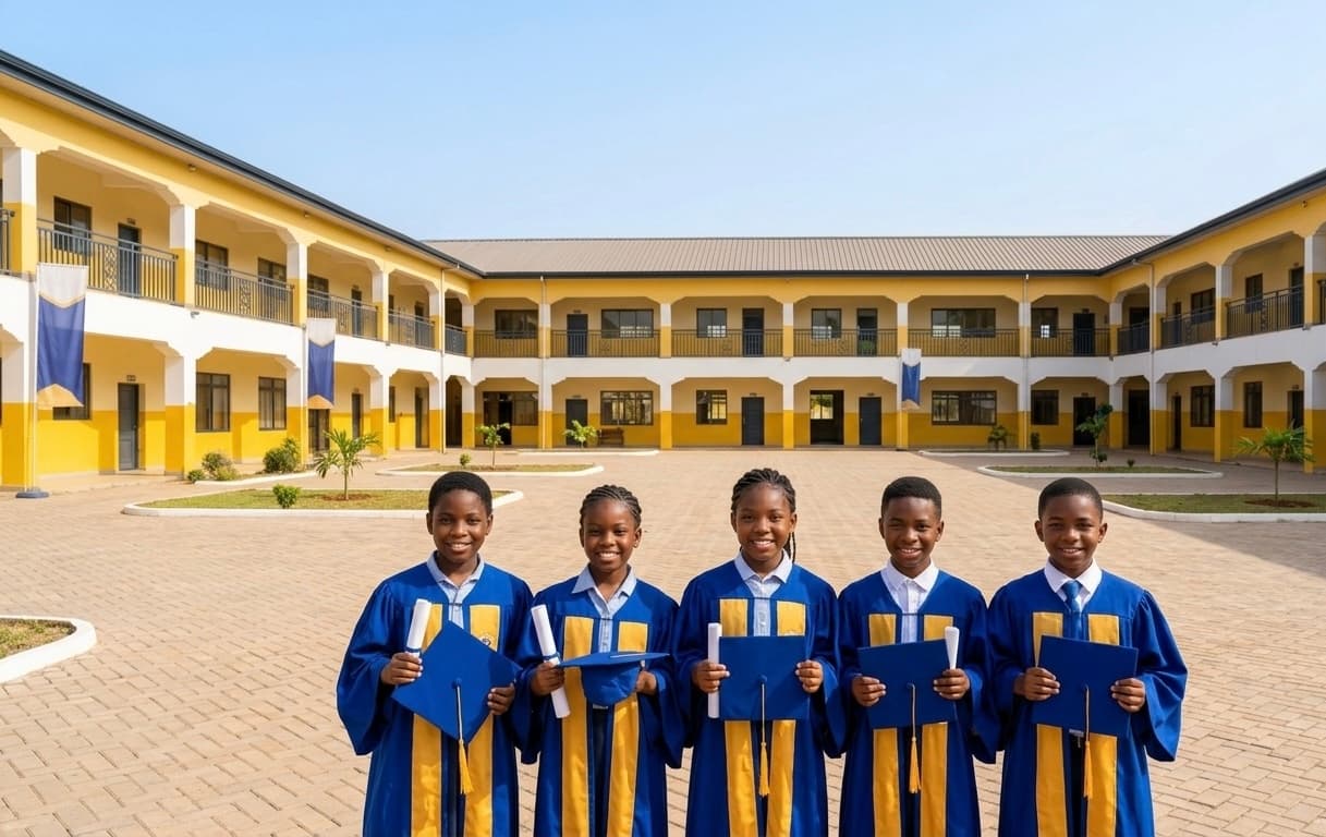 Smiling RAIS students holding certificates in the school courtyard