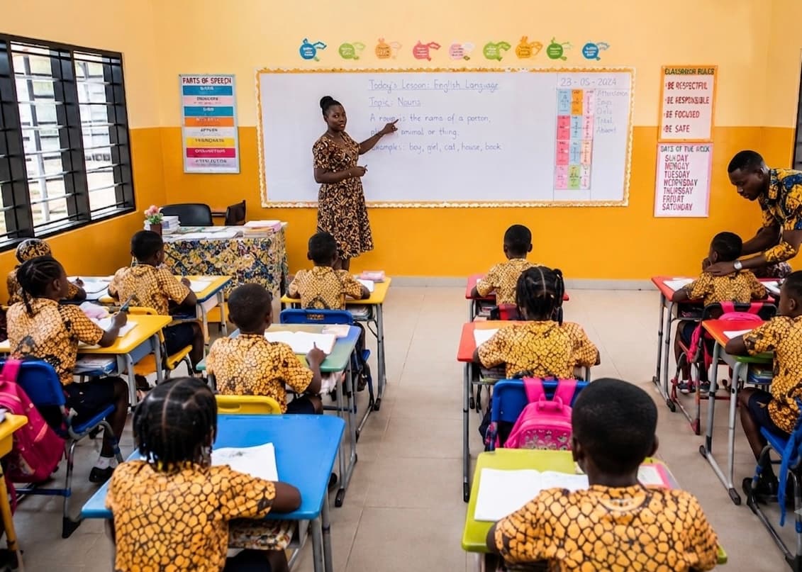 Teacher leading an English lesson while pupils work at colourful desks