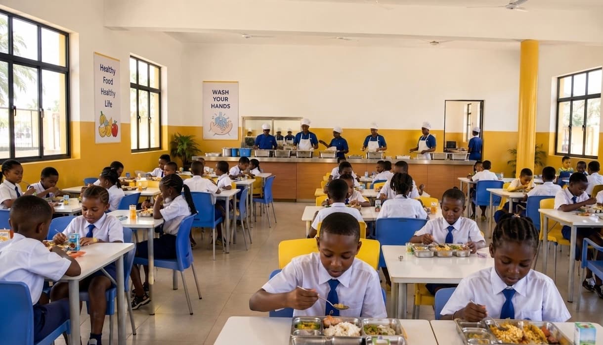 Primary pupils eating together in the school dining hall