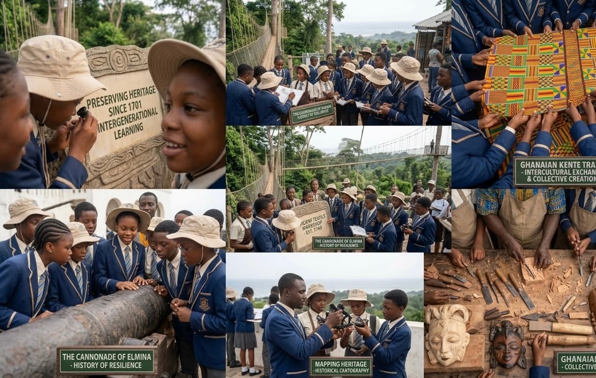 Collage of RAIS students exploring Ghanaian heritage activities and artifacts