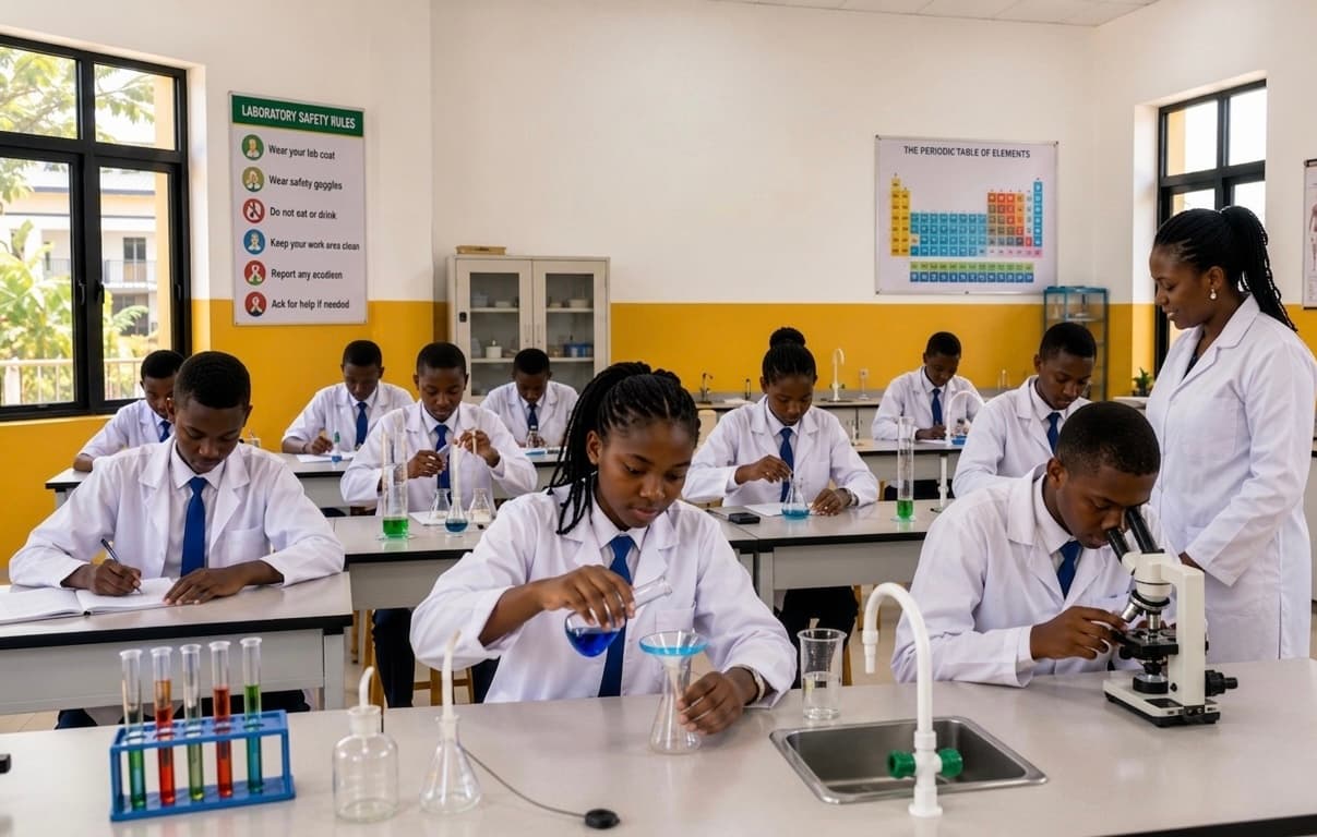 Junior high learners conducting experiments in the science laboratory